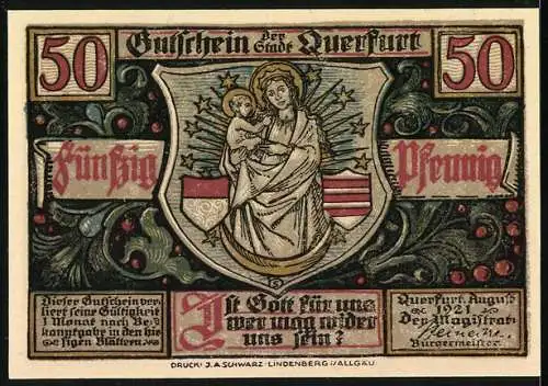 Notgeld Querfurt 1921, 50 Pfennig, Eselreiter-Statue und Madonna mit Kind, Seriennummer und Wappen