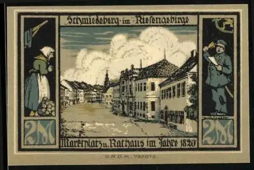 Notgeld Schmiedeberg 1920, 2 Mark, Marktplatz und Rathaus, Kriegerdenkmal, Seriennummer 00740