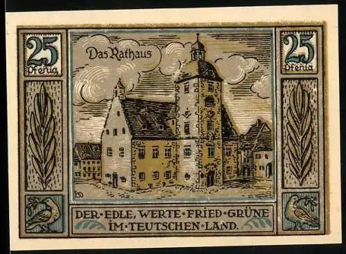 Notgeld Querfurt 1921, 25 Pfennig, Rathaus und Madonna mit Kind, Wappen und Unterschrift des Bürgermeisters