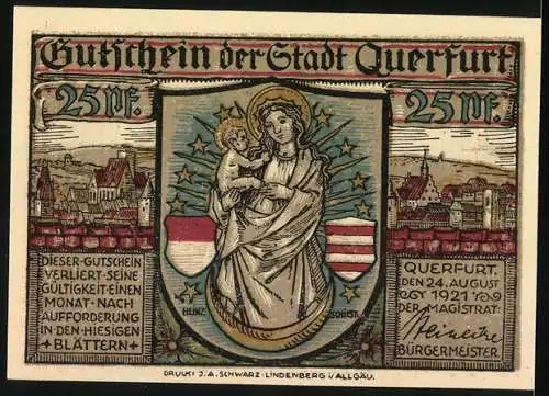 Notgeld Querfurt 1921, 25 Pfennig, Rathaus und Madonna mit Kind, Wappen und Unterschrift des Bürgermeisters