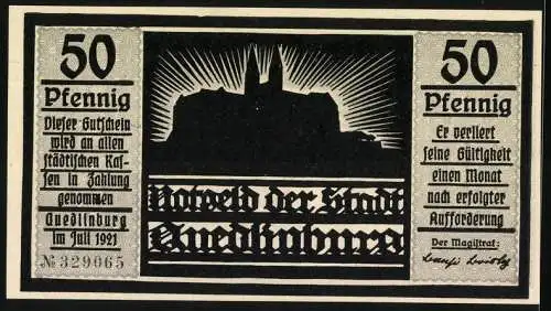 Notgeld Quedlinburg 1921, 50 Pfennig, Schattenriss einer Krönungsszene und Schlossansicht, Seriennummer 329065