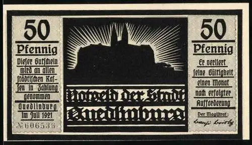 Notgeld Quedlinburg 1921, 50 Pfennig, Schloss-Silhouette und kämpfender Mann im Wald