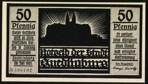 Notgeld Quedlinburg 1921, 50 Pfennig, Silhouette eines Hirten und einer Burg, Seriennummer 496102