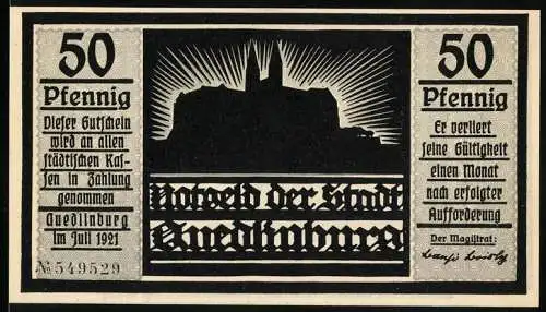 Notgeld Quedlinburg 1921, 50 Pfennig, Stadtsilhouette und Scherenschnitt mit Mann und Vogel