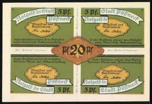 Notgeld Pössneck, 20 Pfennig, Handwerkssymbole und Verwaltungsstempel, 4x5 Pfennig