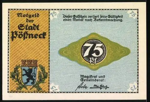 Notgeld Pössneck, 75 Pfennig, Webstühle und Arbeiter in einer Textilfabrik, Wappen und Unterschriften