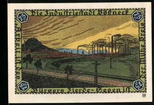 Notgeld Pössneck 1921, 75 Pfennig, Industrielandschaft mit Schornsteinen, Seriennummer und Wappen