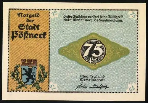 Notgeld Pössneck 1921, 75 Pfennig, Industrielandschaft mit Schornsteinen, Seriennummer und Wappen