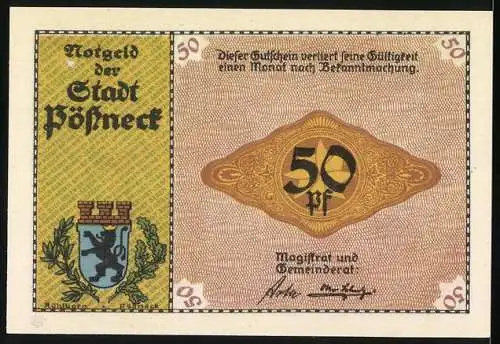 Notgeld Pössneck, 50 Pf, Kakaomühlen und Kind mit Schokolade, Stadtwappen