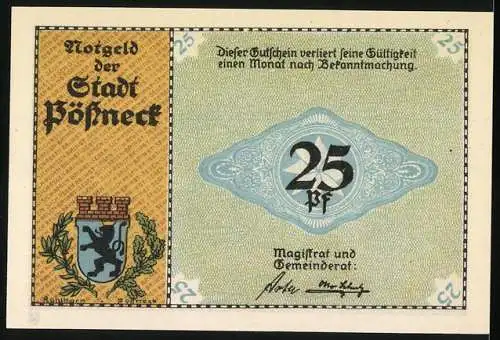 Notgeld Pössneck, 25 Pf, Rotationsdruckmaschine und Stadtwappen