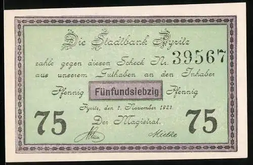 Notgeld Pyritz 1921, 75 Pfennig, Bischof Otto von Bamberg und Mönch Johann Knipstro