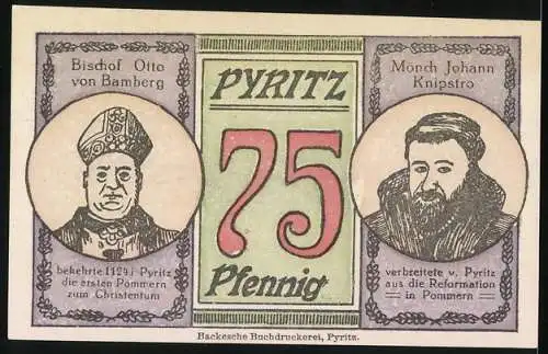 Notgeld Pyritz 1921, 75 Pfennig, Bischof Otto von Bamberg und Mönch Johann Knipstro