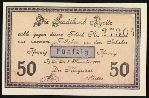 Notgeld Pyritz 1921, 50 Pfennig, Greif und Burgen, Seriennummer 27304