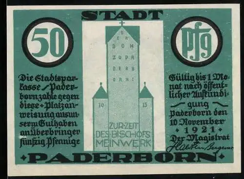 Notgeld Paderborn 1921, 50 Pfennig, Bischof Meinwerk und Domturm