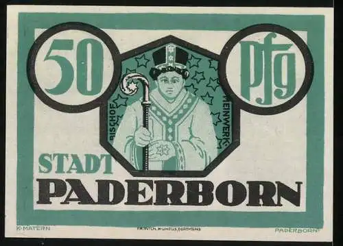 Notgeld Paderborn 1921, 50 Pfennig, Bischof Meinwerk und Domturm