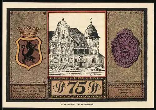 Notgeld Papenburg 1921, 75 Pfennig, Rathaus und Segelschiff, Seriennummer, Wappen