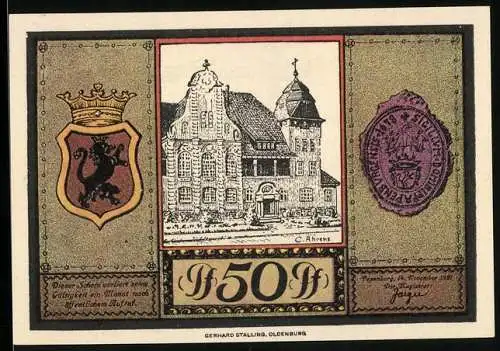 Notgeld Papenburg 1921, 50 Pf, Kirche, Wappen und Schiffe