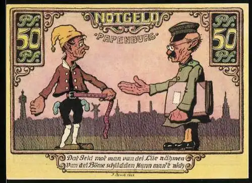 Notgeld Papenburg 1921, 50 Pfennig, humoristische Szene mit zwei Figuren, Stadtwappen und Text.