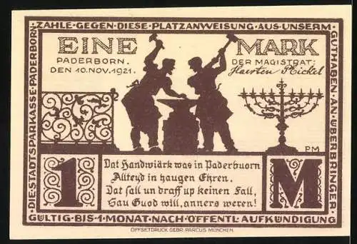 Notgeld Paderborn 1921, 1 Mark, Kirche und Handwerker-Motiv