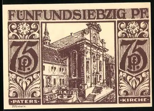 Notgeld Paderborn 1921, 75 Pfennig, Kirche und Brunnen mit Menschen