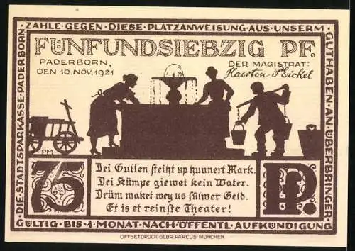 Notgeld Paderborn 1921, 75 Pfennig, Kirche und Brunnen mit Menschen