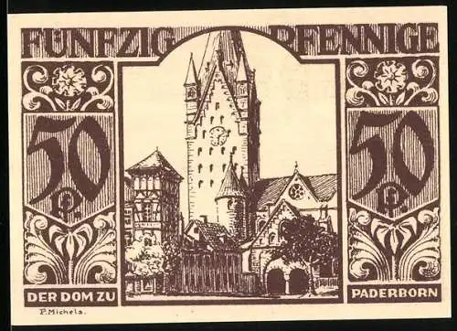 Notgeld Paderborn 1921, 50 Pfennig, Paderborner Dom und mittelalterliche Szene