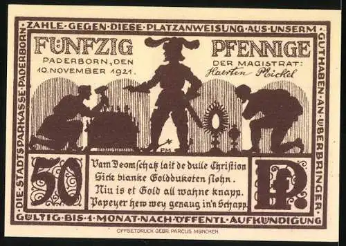 Notgeld Paderborn 1921, 50 Pfennig, Paderborner Dom und mittelalterliche Szene