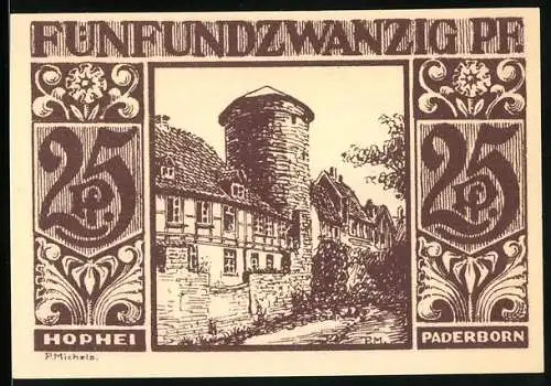 Notgeld Paderborn 1921, 25 Pfennig, Stadtansicht mit Turm und Häusern, Silhouette der Stadt, Gedicht