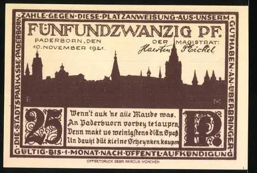 Notgeld Paderborn 1921, 25 Pfennig, Stadtansicht mit Turm und Häusern, Silhouette der Stadt, Gedicht