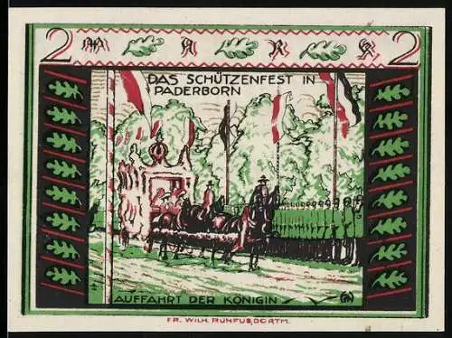 Notgeld Paderborn 1921, 2 Mark, Schützenfest mit Kutsche und Königin, Porträts von Ferrari und Löffelmann