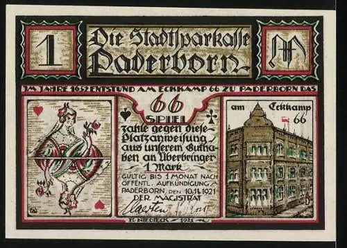 Notgeld Paderborn 1921, 1 Mark, Kartenspieler und Gebäude am Eckkamp 66