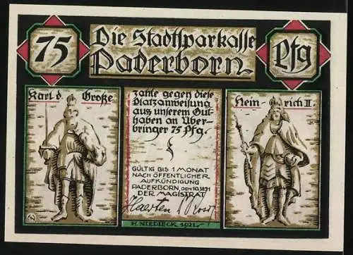 Notgeld Paderborn 1921, 75 Pfennig, Krönung der Kaiserin Kunigunde und Statuen von Karl dem Grossen und Heinrich II.