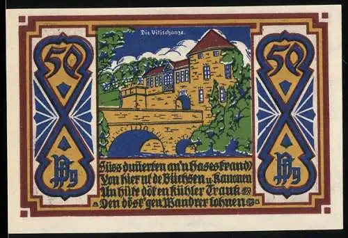 Notgeld Osnabrück 1921, 50 Pfennig, Vitischanze und Stadtwappen mit Löwen