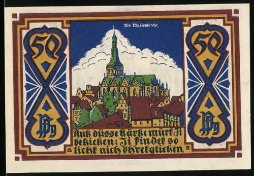 Notgeld Osnabrück 1921, 50 Pfennig, Marienkirche und Stadtwappen mit Löwen und Mühlrad