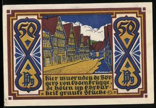 Notgeld Osnabrück 1921, 50 Pfennig, Stadtansicht und Wappen mit zwei Männern