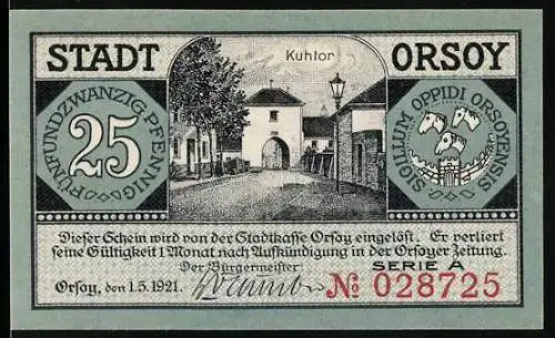 Notgeld Orsoy 1921, 25 Pfennig, Kuhtor mit Stadtansicht und Rheinschifffahrt, Seriennummer 028725, Wappen