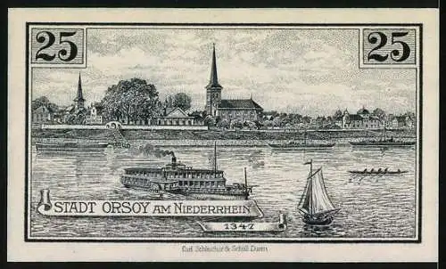 Notgeld Orsoy 1921, 25 Pfennig, Kuhtor mit Stadtansicht und Rheinschifffahrt, Seriennummer 028725, Wappen