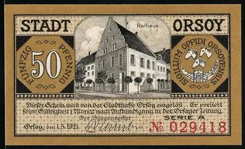 Notgeld Orsoy 1921, 50 Pfennig, Rathaus und Stadtansicht am Niederrhein, Seriennummer 029418, Stadtwappen