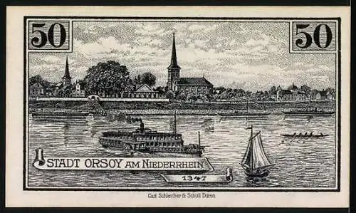 Notgeld Orsoy 1921, 50 Pfennig, Rathaus und Stadtansicht am Niederrhein, Seriennummer 029418, Stadtwappen