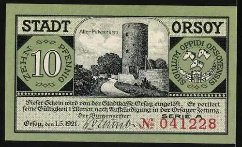 Notgeld Orsoy 1921, 10 Pfennig, Stadtansicht und Alter Pulverturm, Seriennummer 041228, Wappen