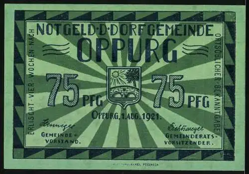 Notgeld Oppurg 1921, 75 Pfennig, Schlossturm und Landschaftsszene