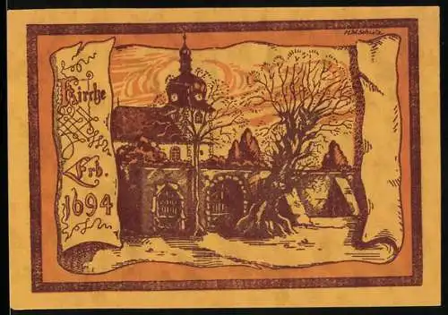 Notgeld Oppurg 1921, 50 Pfennig, Kirche erbaut 1694 und Wappen der Gemeinde