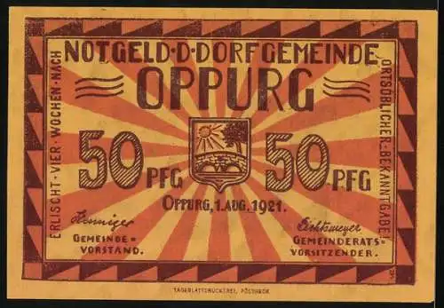 Notgeld Oppurg 1921, 50 Pfennig, Kirche erbaut 1694 und Wappen der Gemeinde