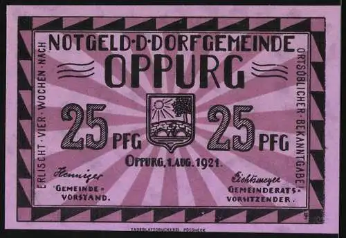 Notgeld Oppurg 1921, 25 Pfennig, Alte Orlabrücke aus dem 16. Jahrhundert, Seriennummer und Wappen