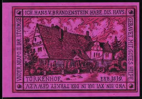 Notgeld Oppurg 1921, 50 Pfennig, Türkenhof-Motiv, Wappen, Seriennummer