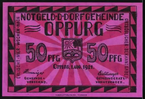 Notgeld Oppurg 1921, 50 Pfennig, Türkenhof-Motiv, Wappen, Seriennummer