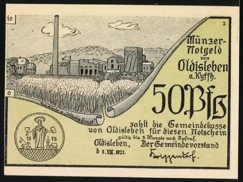 Notgeld Oldisleben 1921, 50 Pfennig, Bauern und Fabrikszene, Wappen und Seriennummer