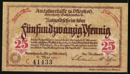 Notgeld Osterholz 1921, 25 Pfennig, Kreishaus mit Inschrift und Seriennummer C 41433