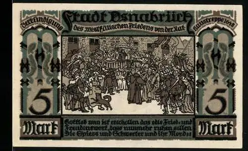 Notgeld Osnabrück 1921, 5 Mark, historische Szene und Wappen mit zwei Löwen