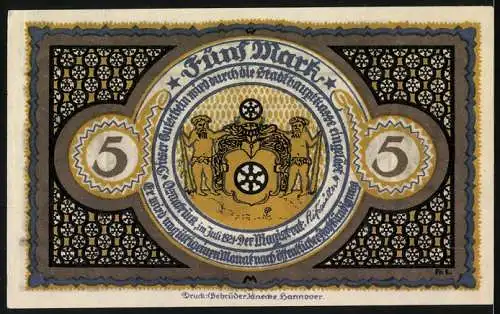 Notgeld Osnabrück 1921, 5 Mark, historische Szene und Wappen mit zwei Löwen